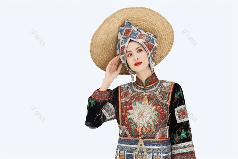 一位穿着民族特色服饰的带着草的女士,高清,摄影图,摄影图片,图片大全,摄影图免费下载